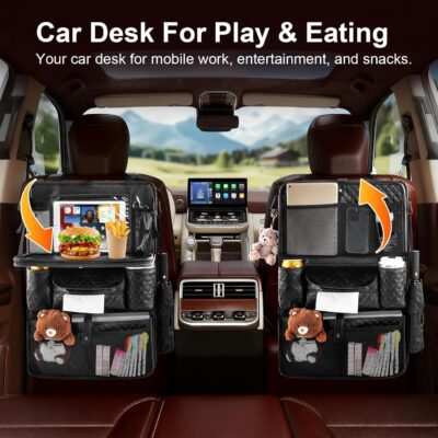 Car Seat Organizer with Foldable Table Tray - 11 Storage Pockets PU Leather Backseat Organizer with Tablet Holder, Seat Back Protector Kick Mat for Kids Family Road Trip Accessories (Black) - Image 2