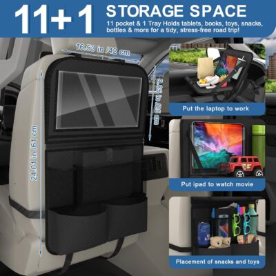 Car Backseat Organizer with Detachable Steering Wheel Tray, 11-Pockets Storage & Tablet Holder, Kids Kick Mats Protector - Travel Accessories (1-Pack) - Image 2