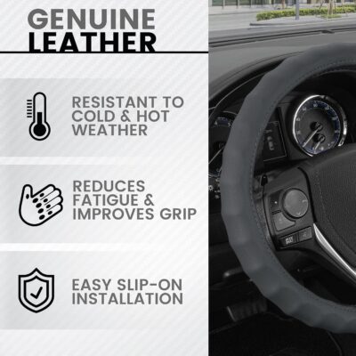 BDK Leather Car Steering Wheel Cover Size 13.5 to 14 inch, Easy Installation, Small, Gray - Image 2