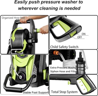 2026NEW Pressure Power Washer 4500PSI with 4 Quick Connect Nozzles, Inlet Hose & Filter, Foam Cannon for Cars/Fences/Driveways/Patios/Home Cleaning, Green - Image 5