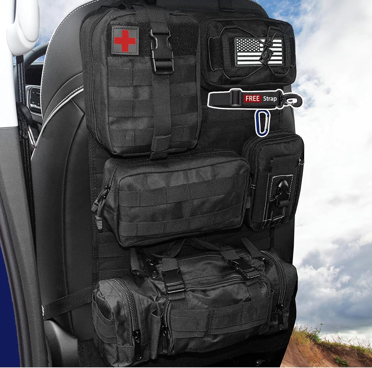 81-OwJ0sjZL._AC_SL1500_.jpg 6 Pack Tactical Molle Automotive Seat Back Organizer Tactical Vehicle Panel Organizer with 5 Detachable Molle Pouch for Car Truck Ford Jeep Vehicle,US Flag Patch For Man (5 Pouches) - Image 1