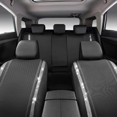 CAR PASS Bling Diamond Car Seat Covers Full Set, Shining Rhinestone Waterproof Faux Leather, Rear with Zipper, Universal Fit Automotive Glitter Crystal Sparkle Strips for Cute Women Girl, Silver - Image 6