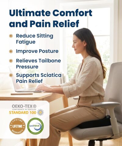 Everlasting Comfort Doctor Recommended Memory Foam Seat Cushion for Office Chairs & Car - Ergonomic Office Desk Accessories - Cushions for Tailbone Pain Relief, Sciatica (Black, Large) - Image 2