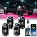 4 Pods Full Angle RGB LED Rock Lights for Jeep Truck ATV UTV RZR Offroad Golf Cart SXS, Waterproof Multicolor Neon Underglow Kit with APP/RF Remote, 12Volt Underbody Lights