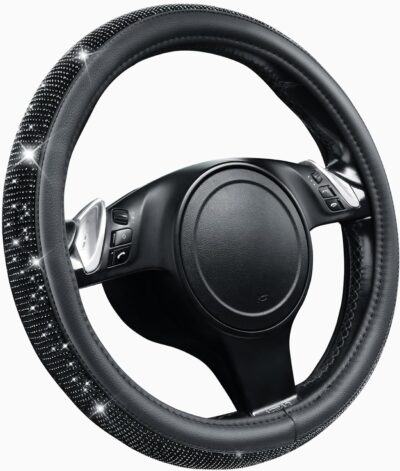 CAR PASS Bling Diamond Leather Steering Wheel Cover, With Sparkly Crystal Glitter Rhinestones Universal Fit 14"1/2-15" Car Wheel Protector for Women Girl Fit Suvs,Vans,Sedans,Car,Trucks, Black Diamond - Image 8