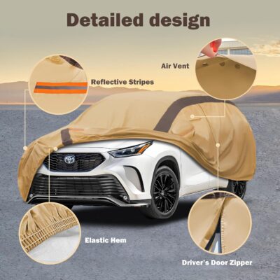Highlander Car Cover Waterproof All Weather Compatible with Toyota Highlander 2007-2024, Outdoor Dustproof Anti-UV Sun Rain Protection Full Exterior Cover - Image 2