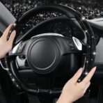 CAR PASS 2PCS Bling Diamond Segmented Steering Wheel Cover with Crystal Rhinestones, Wheel Protector Non-Slip Cute Car Accessories Universal Fit D-Shape O-Shape 14.5" to 16" for Women, Black Diamond - Image 3