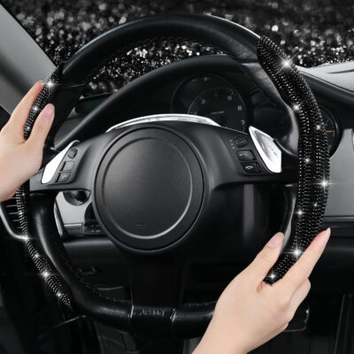 CAR PASS 2PCS Bling Diamond Segmented Steering Wheel Cover with Crystal Rhinestones, Wheel Protector Non-Slip Cute Car Accessories Universal Fit D-Shape O-Shape 14.5" to 16" for Women, Black Diamond - Image 3