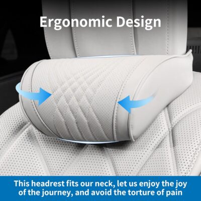 Car Headrest Memory Foam Neck Pillow for Driving with Leather Cover Soft Comfortable Seat Head Pillow Cushion for Most Cars SUV Sedan Home Office Off-White (Beige) (1PC) - Image 3