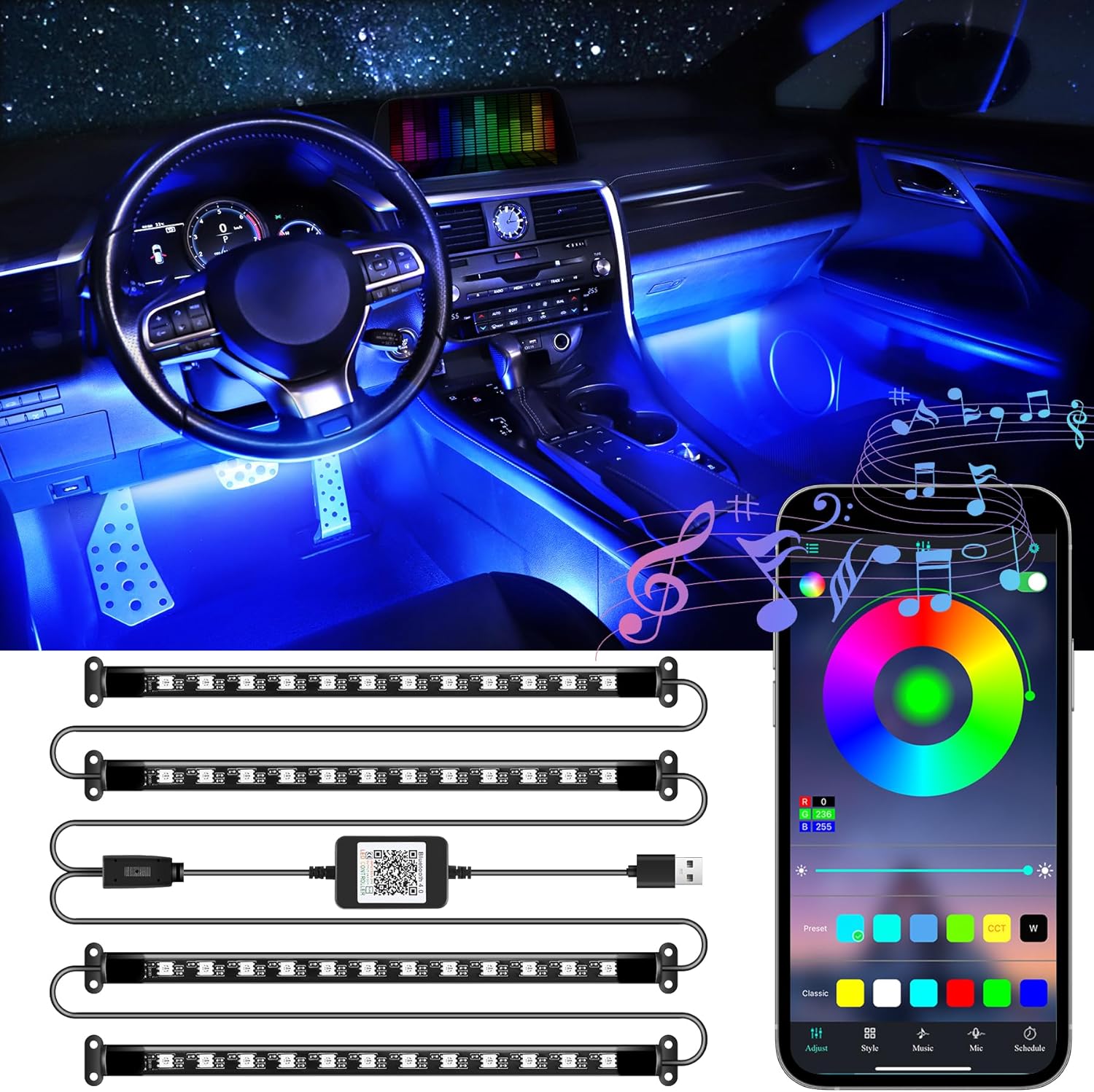 811IAo974xL._AC_SL1500_.jpg LivTee Accent Interior Car Lights, Smart Car Interior Lights with App Control, RGB LED Lights with Music Mode and DIY Mode, 2 Lines Design LED Lights for Cars with Charger, Car Accessories for Women - Image 1