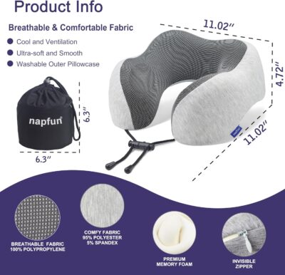 napfun Neck Pillow for Traveling, Upgraded Travel Neck Pillow for Airplane 100% Pure Memory Foam Travel Pillow for Flight Headrest Sleep, Portable Plane Accessories, Light Grey - Image 2