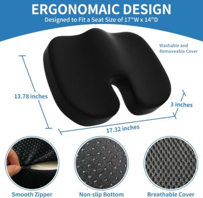 Seat Cushion &Office Chair Cushion,Lumbar Support Pillow for Office Chair,Ergonomic Memory Foam Non-Slip Office Chair Cushion,Back Support Cushions for Tailbone&Sciatica Pain Relief Black - Image 2