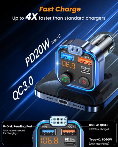 LENCENT FM Transmitter in-Car Adapter, Type-C PD 20W+ QC3.0 Fast USB Charger, Wireless Bluetooth 5.3 Radio Car Kit, Hands-Free Calling, MP3 Player Receiver Hi Fi Bass, Support U Disk - Image 5