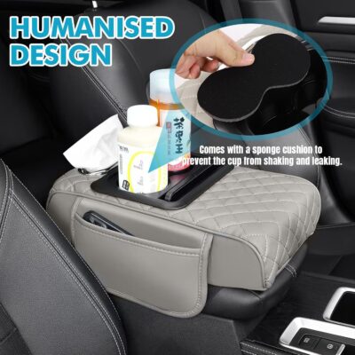 Hovom Car Center Console Cover, 12.3"×6.3"×1.5" Leather Armrest Cover for Cars, Multifunctional Auto Armrest Cushion Pad with Pocket, Tissue Box, Cup Holder & Phone Slot, Car Accessories (Gray) - Image 7