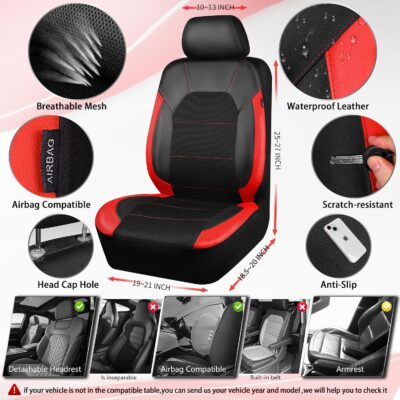 CAR PASS Universal Leather car seat Covers Sport fits Most Cars, SUVs, Trucks, and Vans (Full Set, Black Red) - Image 3