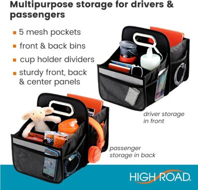 High Road Car Caddy with Cup Holders - Front Seat Organizer for Drivers or Back Seat Organizer for Kids - Portable Car Organizer with Easy One-Handed Carry Handle - Image 2