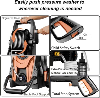 2026NEW Pressure Power Washer 4500PSI with 4 Quick Connect Nozzles, Inlet Hose & Filter, Foam Cannon for Cars/Fences/Driveways/Patios/Home Cleaning, Red - Image 5