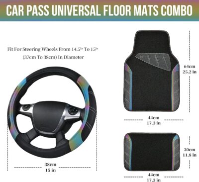 CAR PASS Leather Steering Wheel Cover and Waterproof Car Floor Mats,Microfiber Universal Car Combo Fit for 95% Sedan,SUV,Cars,14.5-15inch Sporty Anti-Slip Safety Comfortable Design(Black＆Reflective) - Image 2