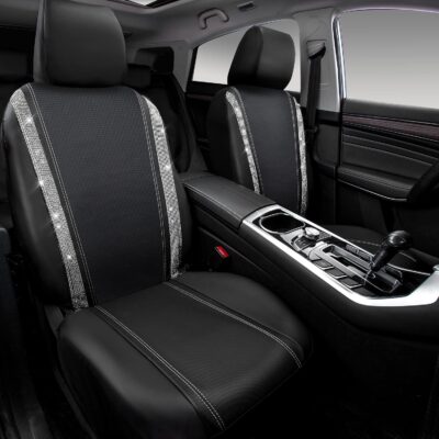 CAR PASS Leather Bling Diamond Car Seat Cover 2 Front Interior Sets, Waterproof Universal Shining Glitter Crystal Sparkle Fit for 95% Automotive Truck SUV Cute Women Girl, Black Silver Rhinestone - Image 7