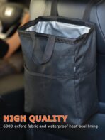 Ginsco New Leak-Proof Travel Car Trash Bag, 3.5 Gallons Large Capacity Hanging Car Trash Can with Hook and Loop Lid and Handle, Multipurpose Trash Bin with Storage Pockets for SUV RV Camping (Black) - Image 6