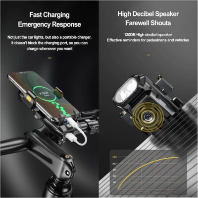 4 in 1 Bike Phone Mount with Light, Bicycle Phone Holder with 500 Lumen LED Headlight,3000mAh USB Charger&130dB Horn,Easy Install for Handlebar,E-Bike,Road & Mountain Bicycle(Black) - Image 4