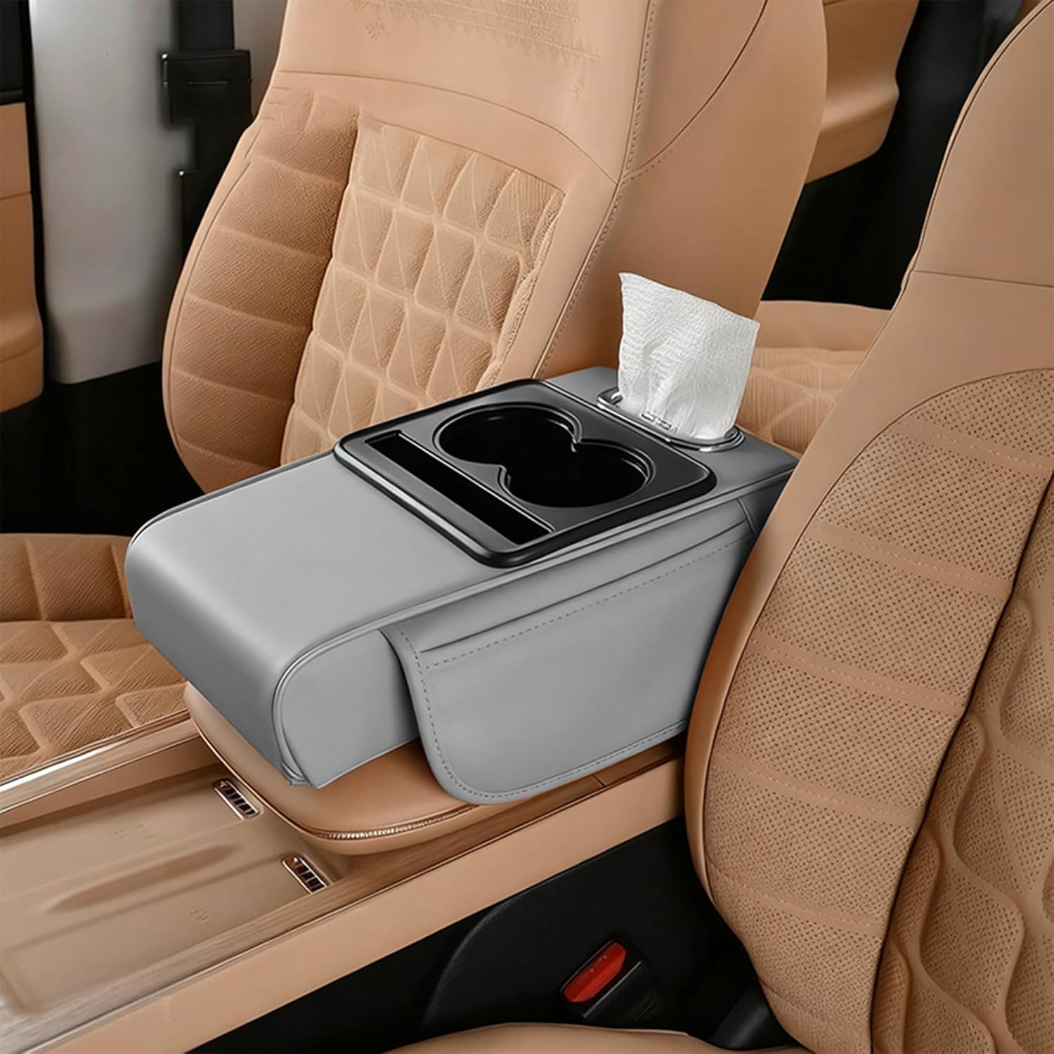 812YNxAwgCL._AC_SL1500_.jpg Car Armrest Storage Box,Car Accessories Console Organizers and Storage,Universal Waterproof Leather Console Cover with Cup Holder and Phone Holder,Suitable for Most Cars (Normal, Gray) - Image 1