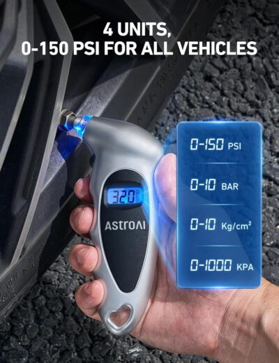 AstroAI Digital Tire Pressure Gauge 0-150PSI Calibrated to ANSI B40.7 +/-1PSI, Accurate in 0.1 Increments, 4 Units for Car Truck Bicycle with Backlight LCD, Silver - Image 3