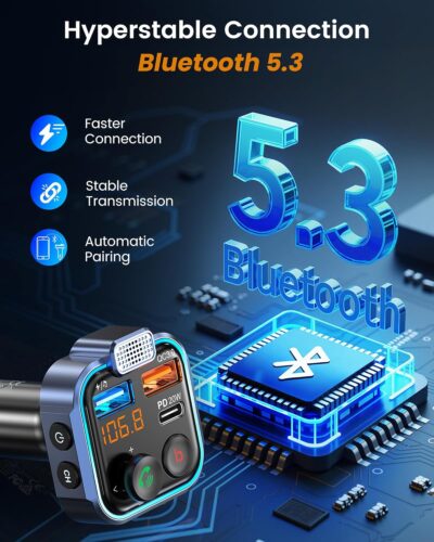 LENCENT FM Transmitter in-Car Adapter, Type-C PD 20W+ QC3.0 Fast USB Charger, Wireless Bluetooth 5.3 Radio Car Kit, Hands-Free Calling, MP3 Player Receiver Hi Fi Bass, Support U Disk - Image 4