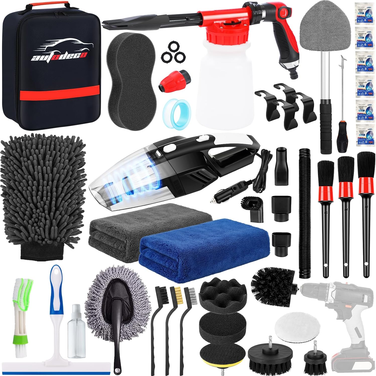 812mvpb4wBL._AC_SL1500_.jpg AUTODECO 40Pcs Car Wash Detailing Kit Cleaning Kits with Foam Gun Sprayer Vacuum with Long Cord Drill Brush Large Wash Mitt Towels Complete Interior Exterior Car Washing Supply Set Black - Image 1