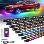 OPP ULITE Car Led Underglow Lights Aluminum Dream Chasing Color Accent Light Bar, RF Remote & APP Control Underglow Light Strip with Red Brake/Yellow Turn Signal/White Reverse Light Kit, 8PC Pack