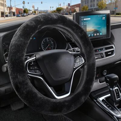 Furry Car Steering Wheel Cover, Fluffy Cover, Soft Warm Plush Non-Slip, 14 1/2-15 inch, for Women Girls, Black - Image 2