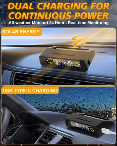 RV Tire Pressure Monitoring System, Wireless TPMS with Solar Charger and USB, 4 Sensors and 6 Alarm Modes Real-time Color LCD Display Tire Pressure Monitor System for SUV Mpv Sedan Truck - Image 3