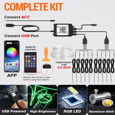 Interior Car LED Strip Lights, RGB 10-in-1 16 Million Colors Ambient Lighting Kit with 470 inches Fiber Optic Wireless APP & Remote Control Music Sync - Image 6