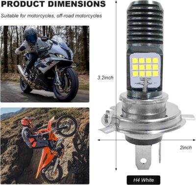 9-16V H4 LED Motorcycle Headlight Bulbs, Super Bright 3030 Chips Bulb Halogen Lamp Replacement, Waterproof High/Low Beam LED Headlight Bulb for Most Motorcycles ATVs (White) - Image 2