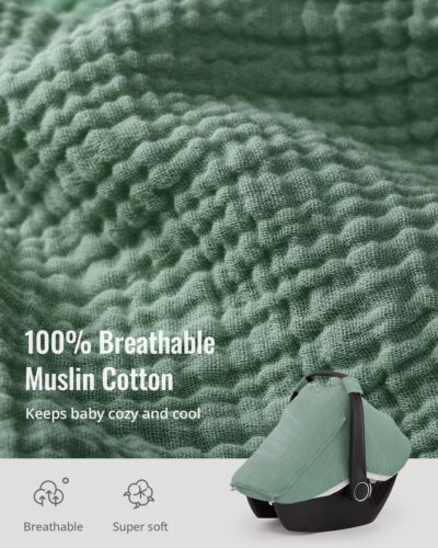 Blissful Diary Baby Car Seat Cover, Extra Large Mesh Window, Breathable Muslin Cotton, Infant Windproof Canopy, Must-Have Baby Gift - Roman Green - Image 2