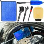 Motorcycle Cleaning Kit 6 Pack with Easy Reach Brush,Tire Brush,Wool Wash Mitt,Chain Brush,Detailing Brush and Microfiber Towel for Cleaning Motorcycle Mudguard,Rims,Exhaust,Frame