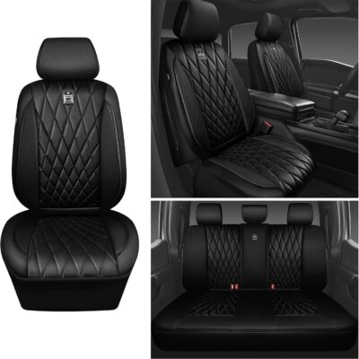 CAR PASS 5 Seats Piping Luxury Faux Leather Seat Covers Full Set, Anti-Slip Waterproof Seat Covers Compatible with Front Armrests, Universal Fit for Suvs,Vans,Trucks,Airbag Compatible, Pure Black - Image 7