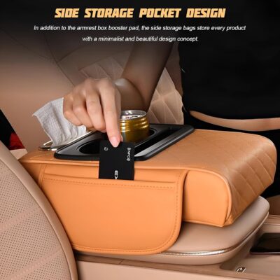 Car Center Console Armrest Pillow, Memory Foam Leather 4 in 1 Vehicle Arm Rest Cover with Tissue Box 2 Side Storage Bag Cup & Phone Holder, Auto Armrest Cushion, Universal Fit (Black) - Image 4