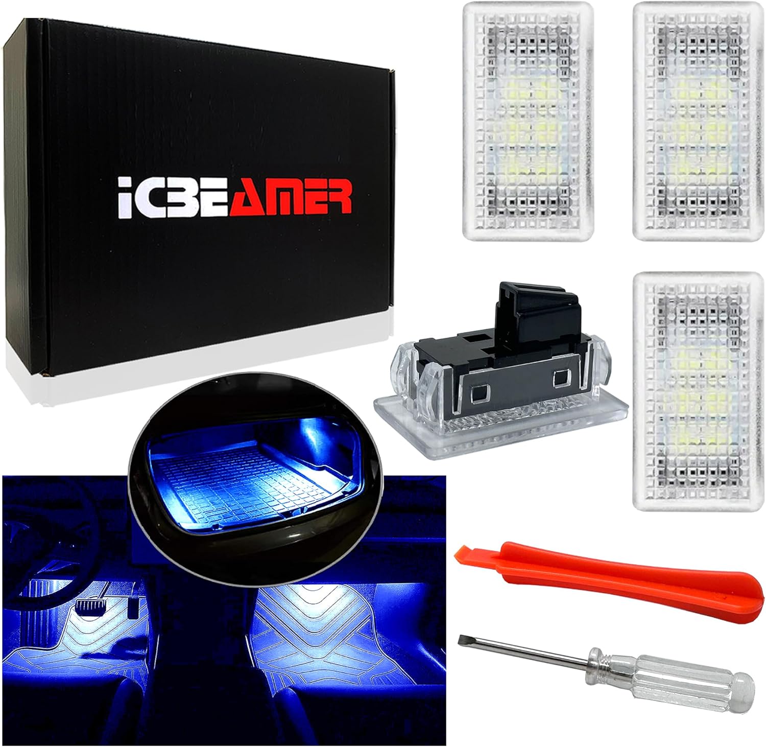 814fjU12ZyL._AC_SL1500_.jpg ICBEAMER For Tesla Interior LED Lights Kit: Ultra-bright, easy plug-in, with a panel removal tool. Fits Model 3, S, Y, X. Trunk, Frunk, Door Puddle, Foot-Well, Fit Tesla Accessories(4 Packs in Blue). - Image 1
