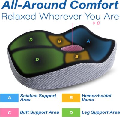 Car Seat Cushion, Ergonomic Memory Foam Car Cushion for Sciatica Pain Relief, Larger Driving Seat Pillow for Short Drivers on Long Drives - Butt Pillow for Truck, Office, Wheelchair - Black&Gray - Image 3