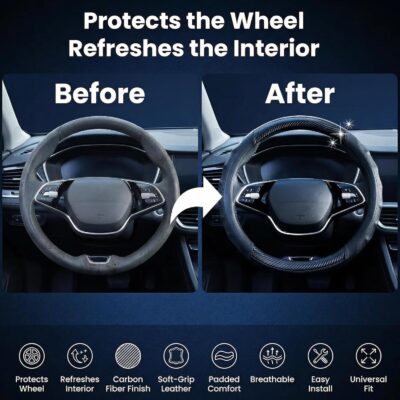 Carbon Fiber Steering Wheel Cover – 15 Inch Universal Fit for Cars & SUVs – Anti-Slip Grip, Breathable Leather Texture, Sporty Carbon Fiber Look – Premium Car Interior Accessories – Black - Image 6