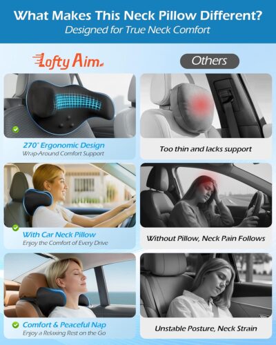 Car Neck Pillow: 2 Pack Ergonomic Memory Foam Headrest Pillow for Driving, Adjustable Neck Support Cushion for Pain Relief, Head Rest Pillows for Car Seat, Truck - Black - Image 3