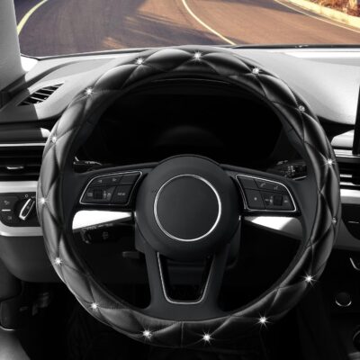 YOGURTCK Diamond Soft Leather Anti-Slip Steering Wheel Cover with Bling Bling Crystal Rhinestones, Universal 15 Inch for Women Girls, Fit Vehicles, Sedans, SUVs, Vans, Trucks - Black - Image 2