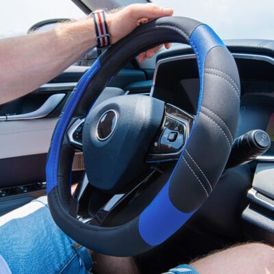CAR PASS Line Rider Microfiber Leather Sporty Steering Wheel Cover Universal Fits for 95% Truck,SUV,Cars,14.5-15inch Anti-Slip Safety Comfortable Desgin (Black-Blue) - Image 6