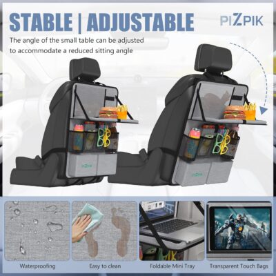Car Backseat Organizer with Tablet Holder,11 Storage Pockets with Foldable Food Tray, Protector Kick Mats for Kids, Travel Accessories Organizer (Gray, 2Pack with Food Tray) - Image 5