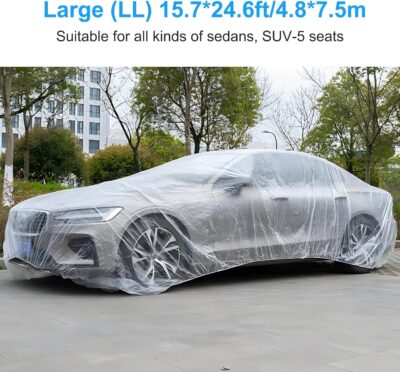 4 Pack Clear Plastic Car Cover, Disposable Car Covers Universal Vehicle Rain Dust Garage Cover Cars Protective Covers with Elastic Band Medium for Sedan Outdoor Snow Rain Weather(15.7FT x 24.6FT) - Image 2