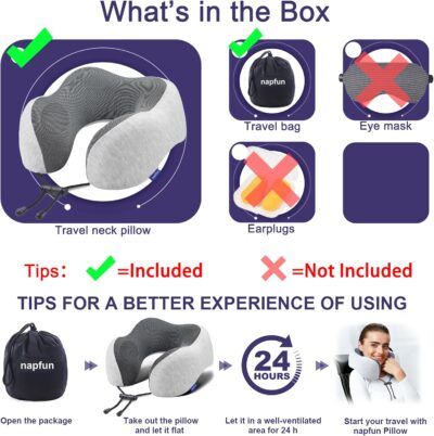 napfun Neck Pillow for Traveling, Upgraded Travel Neck Pillow for Airplane 100% Pure Memory Foam Travel Pillow for Flight Headrest Sleep, Portable Plane Accessories, Light Grey - Image 6
