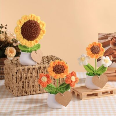 3 PCS Crochet Flower Pot,Crochet Sunflower Flowers Small Potted Plants Handmade Knitted Flower Mothers Day Valentines Gifts Desk Car Dashboard Decor Gifts - Image 4