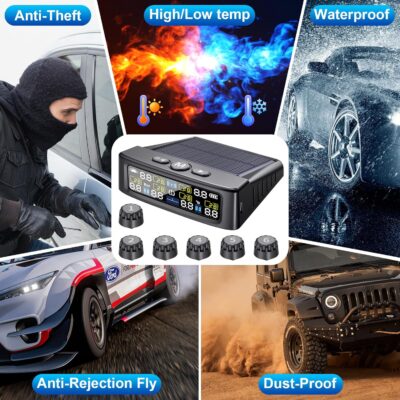 RV Tire Pressure Monitoring System -TPMS Tire Pressure Monitor with 6 Sensors,M12-3 TPMS Solar Charge & USB Color LCD Display, 0-9.9BAR/144PSI Range, 6 Alarm Modes for RV/Trailer/Truck IP67 - Image 5