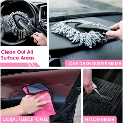 Viewsun Windshield Cleaner Tool, 17Pcs Pink Car Interior Cleaning Kit, Detailing Kit Cleaner, Detailing Brush, Cleaning Gel, Inside Cleaning Supplies Accessories for Women Girl Gift - Image 6